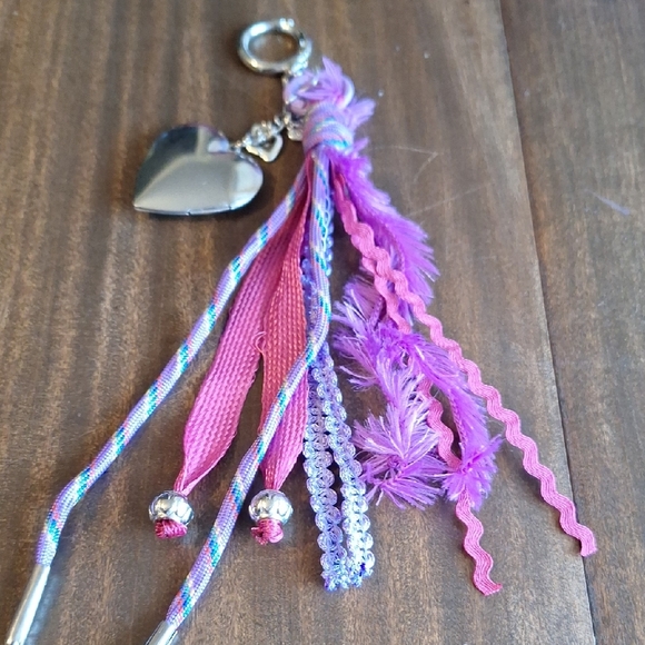 Silver and Pink Heart Keychain with Tassels - Picture 1 of 4